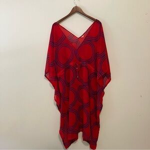 ECHO One Size Plus Sheer Red Blue Mod Circle Adjustable Beach Coverup Caftan